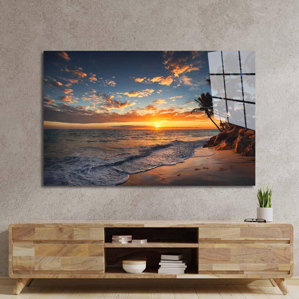 Beach Sunset with Palm Trees Glass Wall Art - DIY - CreoGlass®