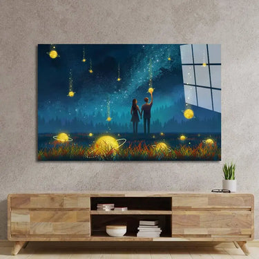 Couple Under Falling Planets Glass Wall Art - DIY - CreoGlass®