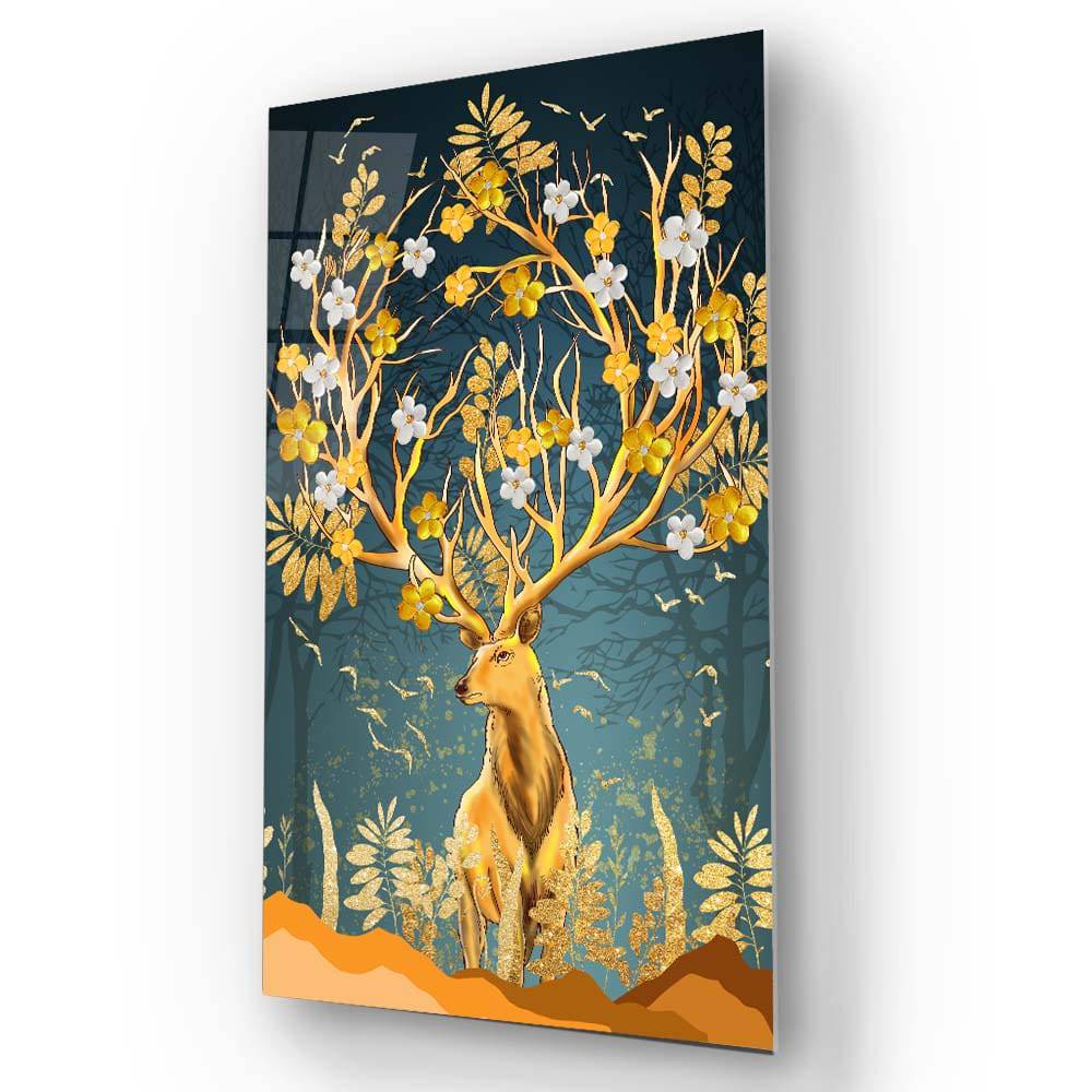 Gold Flowering Stag Glass Wall Art - Portrait Sizes - DIY - CreoGlass®