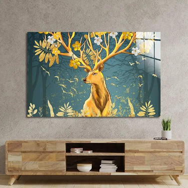 Gold Flowering Stag Glass Wall Art - Landscape Sizes - DIY - CreoGlass®
