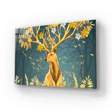 Gold Flowering Stag Glass Wall Art - Landscape Sizes - DIY - CreoGlass®