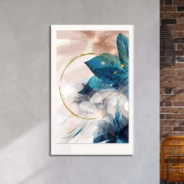 Golden Painted Circle with Turquoise Leaves Glass Wall Art - Portrait Sizes - DIY - CreoGlass®