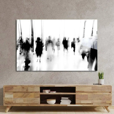 People Walking in Lobby Motion Blurred Glass Wall Art - DIY - CreoGlass®