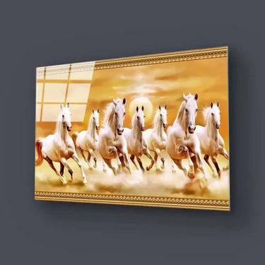 Sunrise White Lucky Seven Running Horses Glass Wall Art - DIY - CreoGlass®