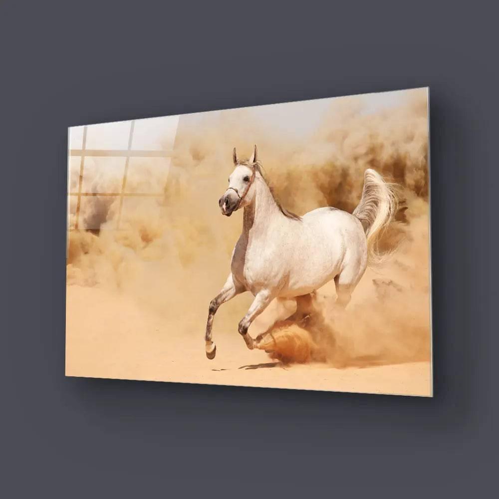 White Horse Running in Desert Glass Wall Art - DIY - CreoGlass®