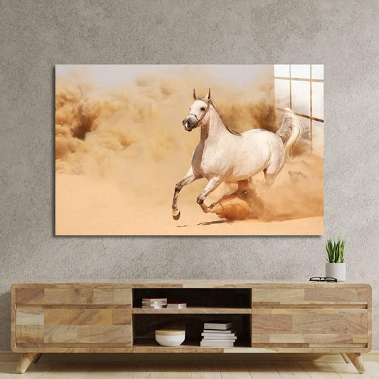 White Horse Running in Desert Glass Wall Art - DIY - CreoGlass®