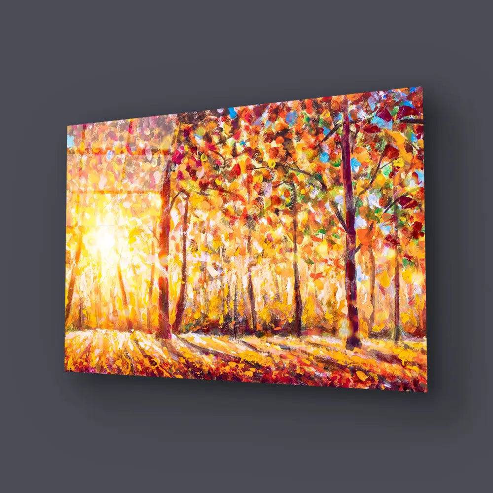 Autumn Panorama Sunny Forest Trees Glass Wall Art - DIY - CreoGlass®