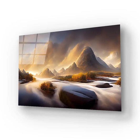 Beautiful Landscape Blue Sky Mountain River Glass Wall Art - DIY - CreoGlass®