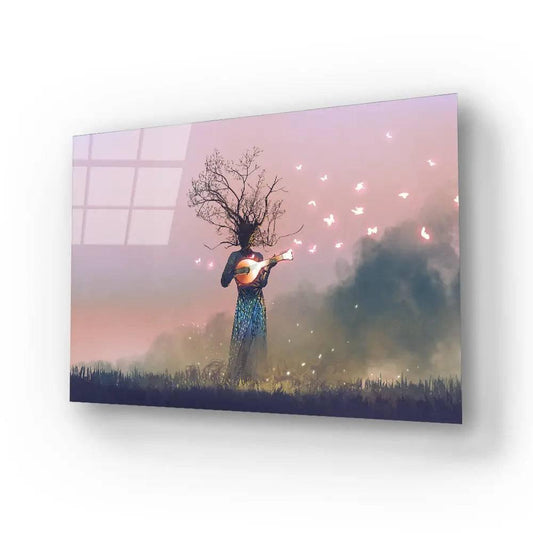 Creature Branch Head Playing Magic Banjo String Instrument Butterflies Glass Wall Art - DIY - CreoGlass®