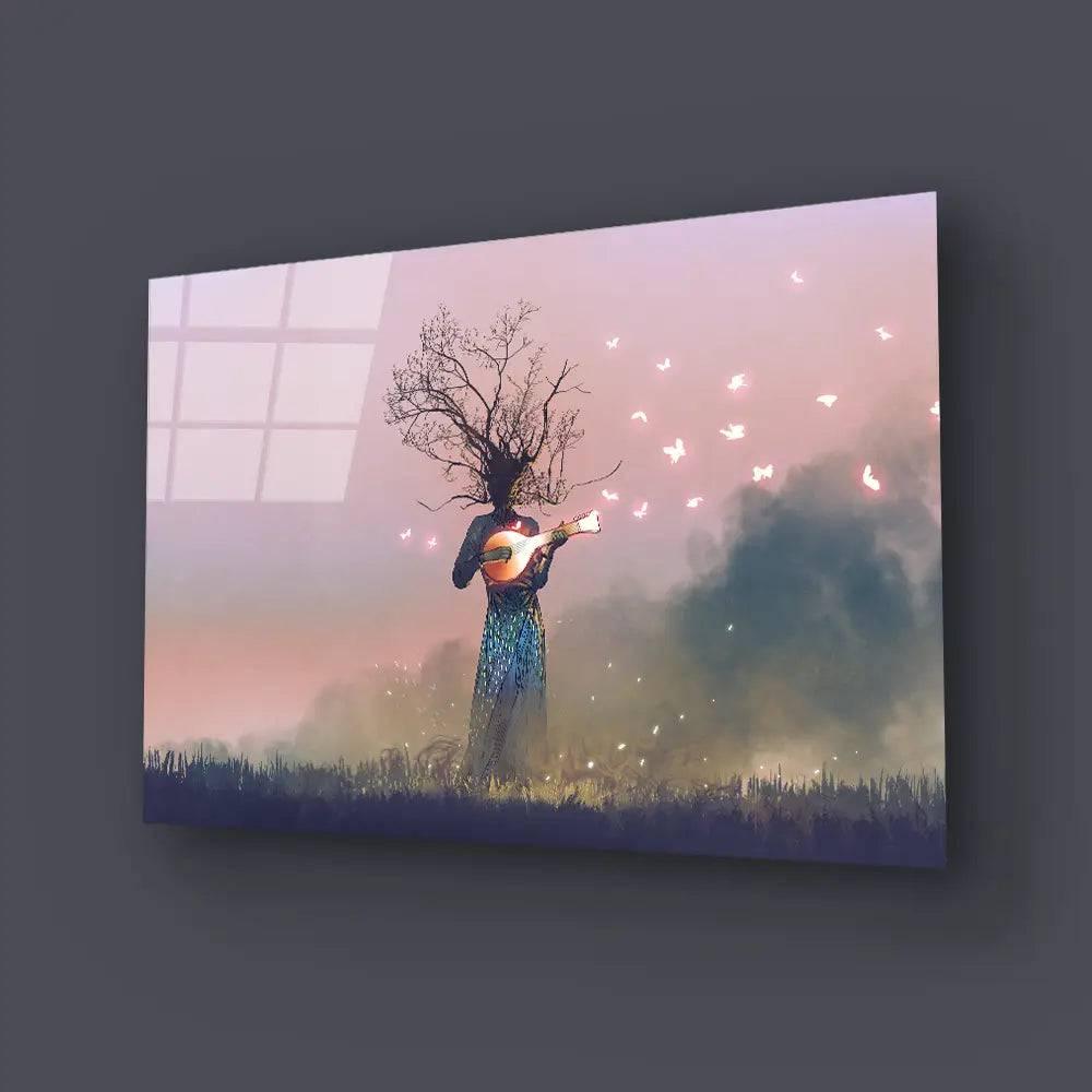 Creature Branch Head Playing Magic Banjo String Instrument Butterflies Glass Wall Art - DIY - CreoGlass®