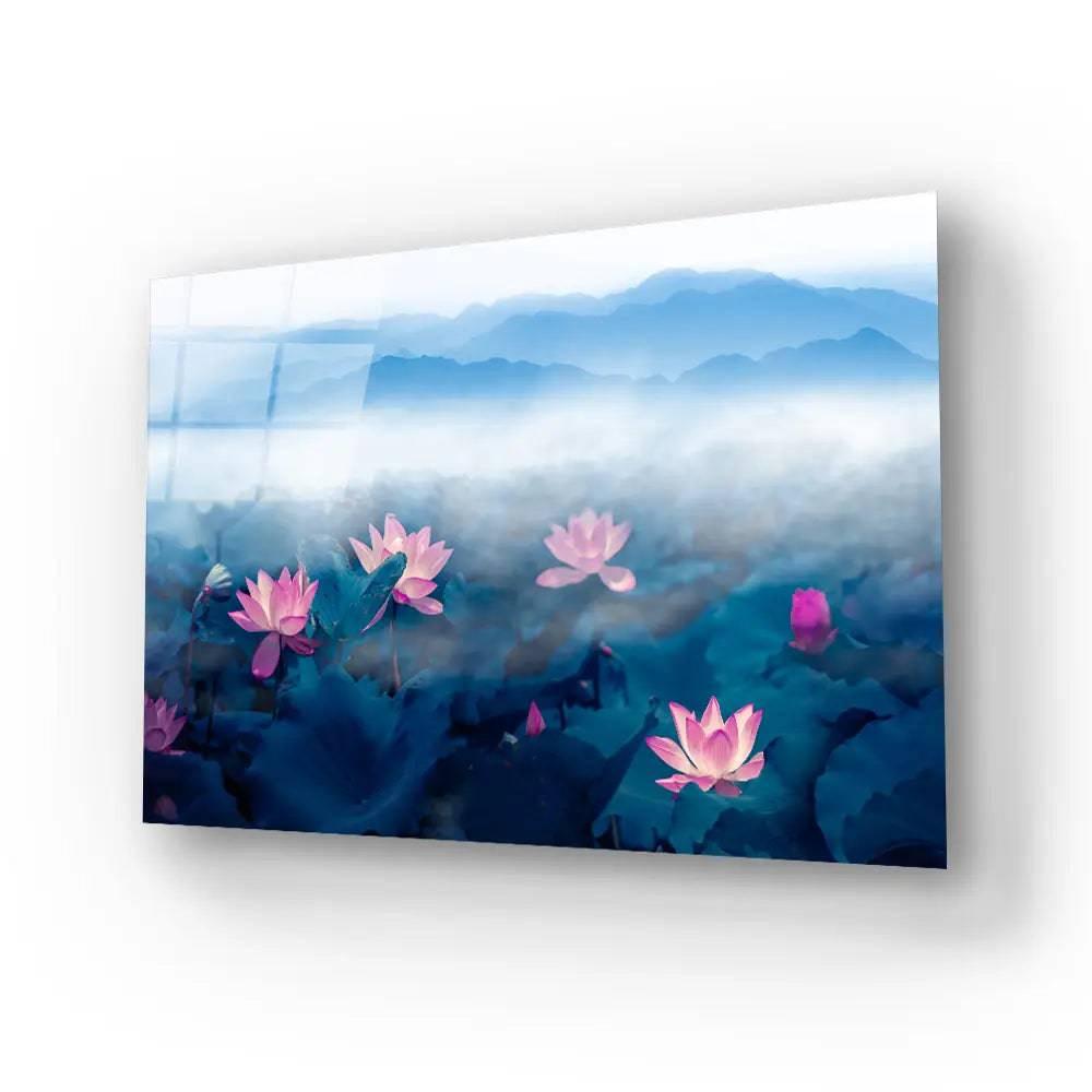 Lotus Pond Distant Mountain Fog Clouds Glass Wall Art - DIY - CreoGlass®