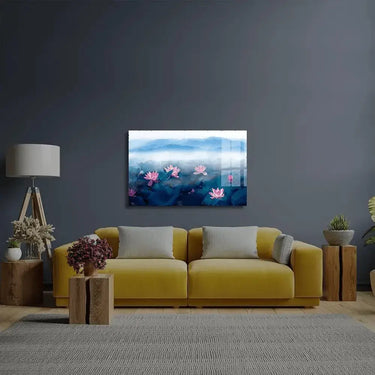 Lotus Pond Distant Mountain Fog Clouds Glass Wall Art - DIY - CreoGlass®
