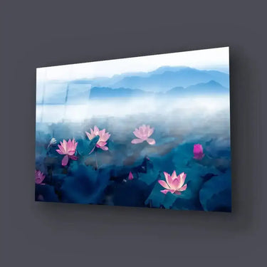 Lotus Pond Distant Mountain Fog Clouds Glass Wall Art - DIY - CreoGlass®