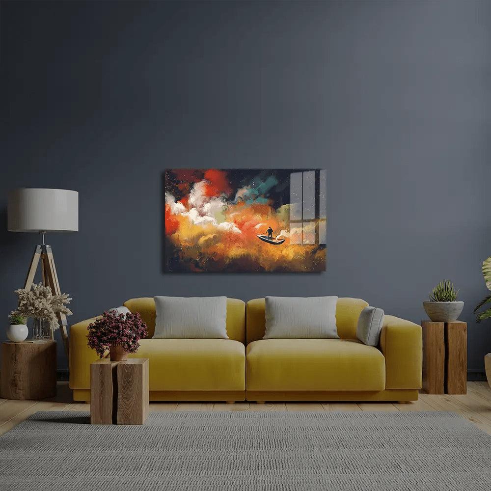 Man Boat Outer Space Colorful Cloud Glass Wall Art - DIY - CreoGlass®