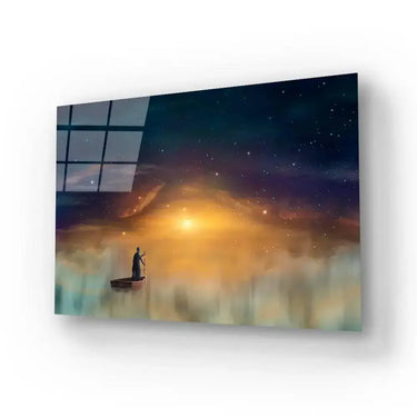 Man Cowl Magician Floating Ship Clouds Sunset Sky Stars Glass Wall Art - DIY - CreoGlass®