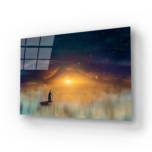 Man Cowl Magician Floating Ship Clouds Sunset Sky Stars Glass Wall Art - DIY - CreoGlass®