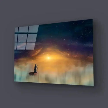 Man Cowl Magician Floating Ship Clouds Sunset Sky Stars Glass Wall Art - DIY - CreoGlass®