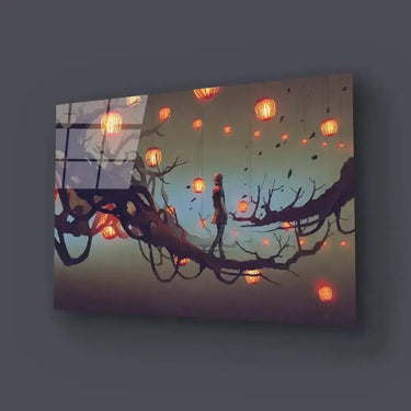 Man Walking Tree Branch Many Red Lanterns Glass Wall Art - DIY - CreoGlass®