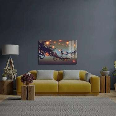 Man Walking Tree Branch Many Red Lanterns Glass Wall Art - DIY - CreoGlass®