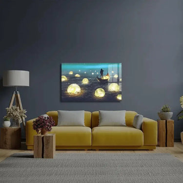 Night Scenery Man Rowing Boat Among Many Glowing Moons Floating Sea Glass Wall Art - DIY - CreoGlass®