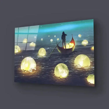Night Scenery Man Rowing Boat Among Many Glowing Moons Floating Sea Glass Wall Art - DIY - CreoGlass®