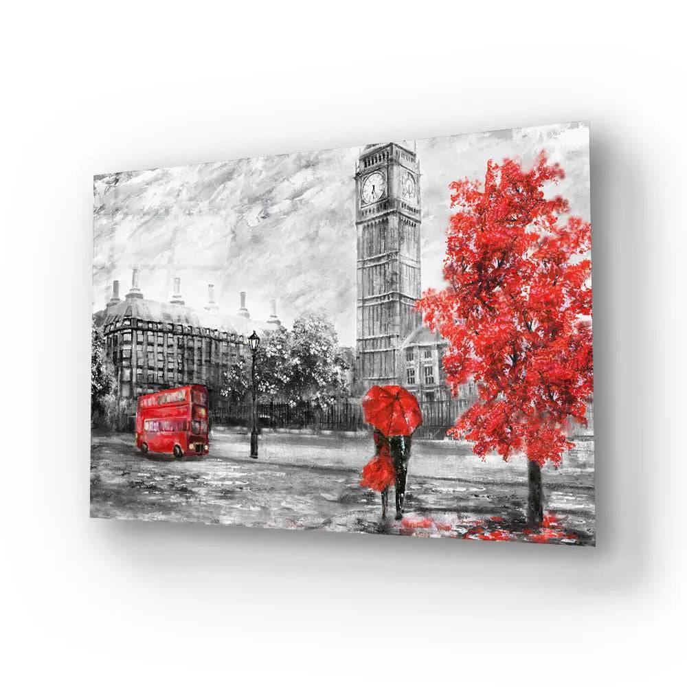 Street London Man Woman Under Red Umbrella Bus Road Glass Wall Art - DIY - CreoGlass®