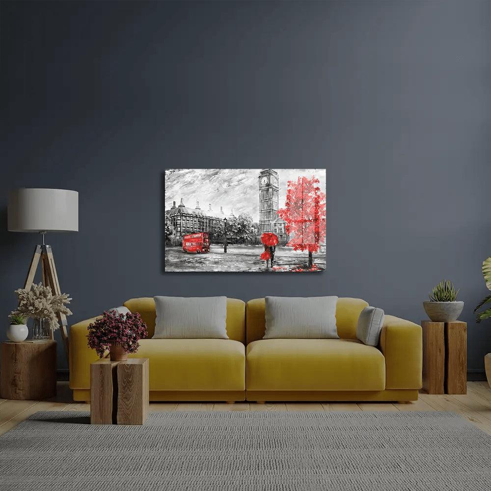 Street London Man Woman Under Red Umbrella Bus Road Glass Wall Art - DIY - CreoGlass®