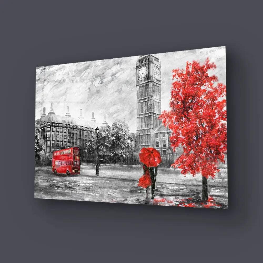 Street London Man Woman Under Red Umbrella Bus Road Glass Wall Art - DIY - CreoGlass®