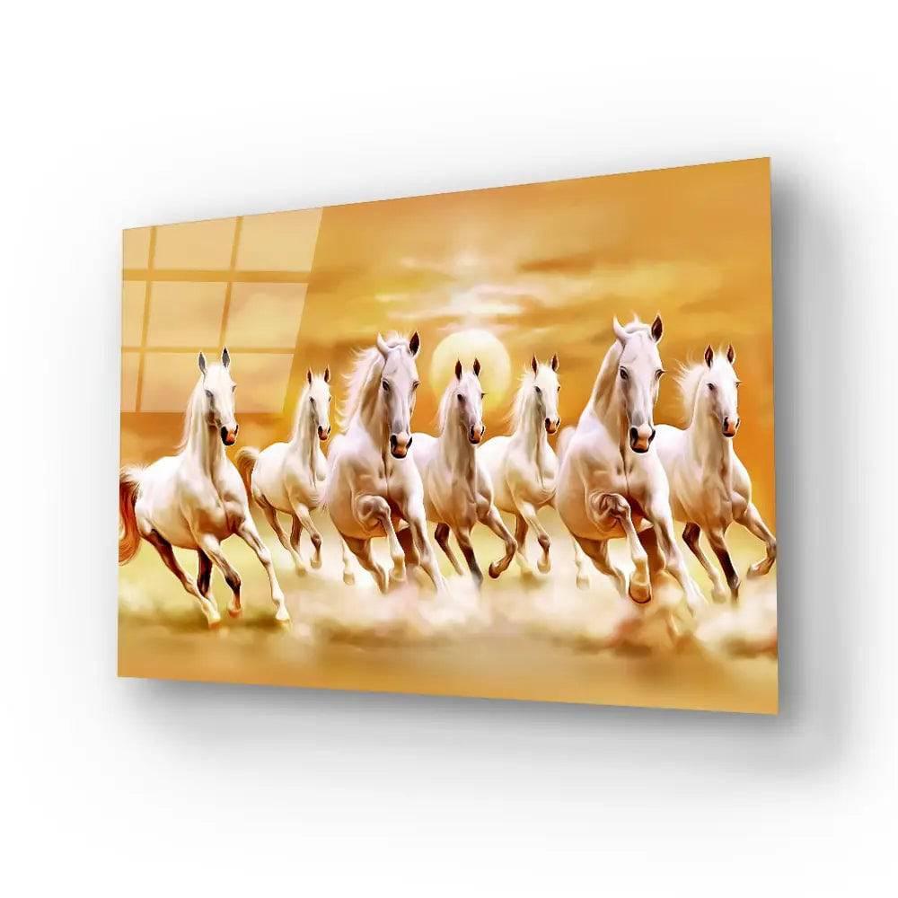 Sunrise White Seven Horse Running Glass Wall Art - DIY - CreoGlass®