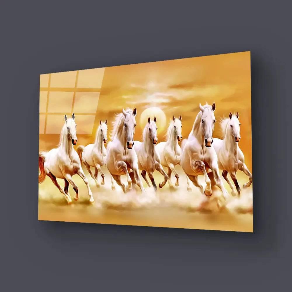 Sunrise White Seven Horse Running Glass Wall Art - DIY - CreoGlass®