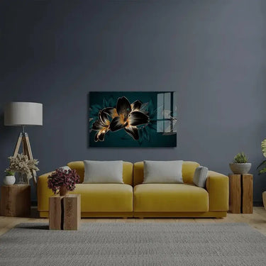 Vintage Elegant Luxury Gold Background Hand Drawn Lily Flowers Green Exotic Leaves Glass Wall Art - DIY - CreoGlass®