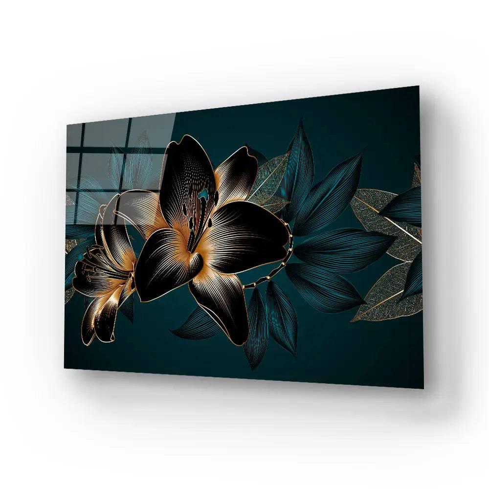 Vintage Elegant Luxury Gold Background Hand Drawn Lily Flowers Green Exotic Leaves Glass Wall Art - DIY - CreoGlass®
