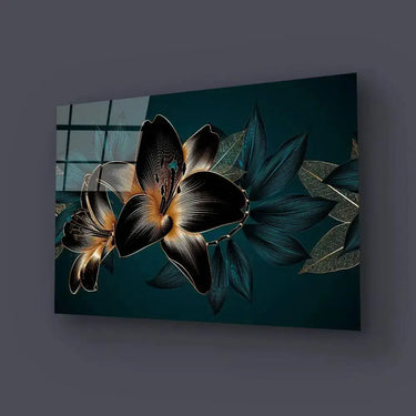 Vintage Elegant Luxury Gold Background Hand Drawn Lily Flowers Green Exotic Leaves Glass Wall Art - DIY - CreoGlass®