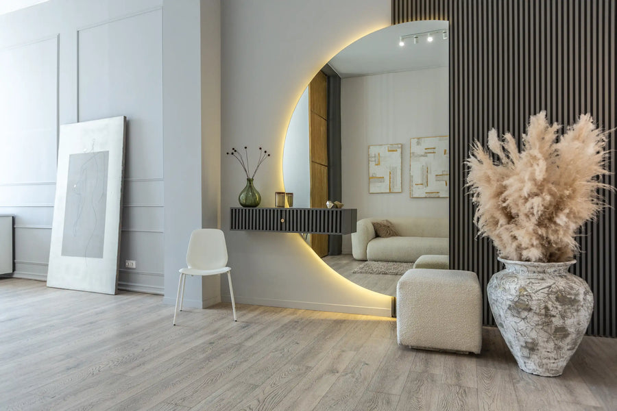 Bevelled mirror panels arranged as a feature wall