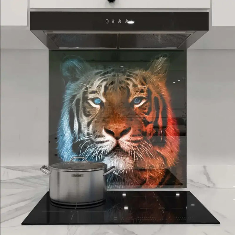 Vibrant tiger print glass splashback in modern kitchen with induction hob and extractor hood