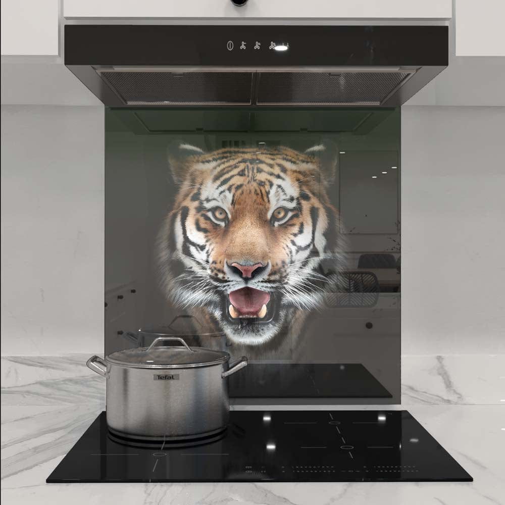 Bespoke kitchen splashback with tiger print, decorative glass for modern luxury interiors