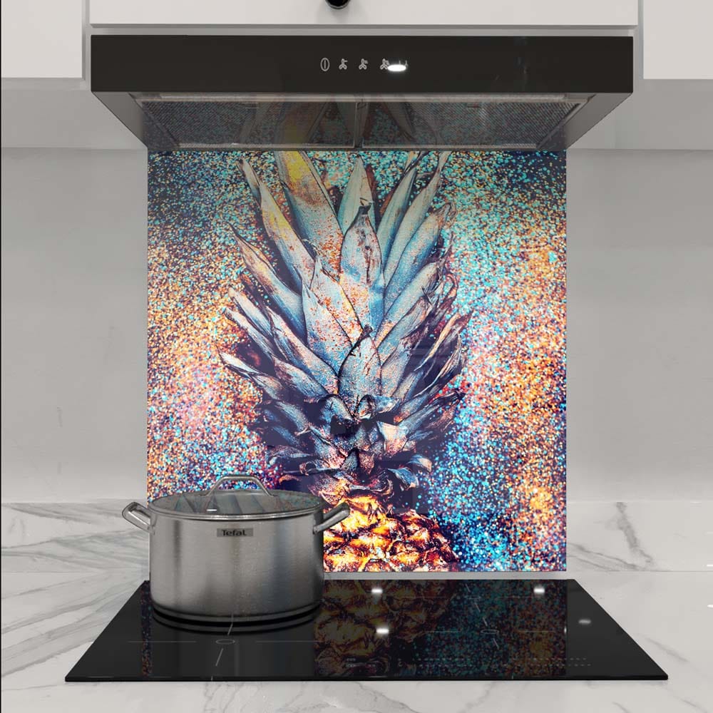 Vibrant pineapple art glass splashback in modern kitchen with induction hob