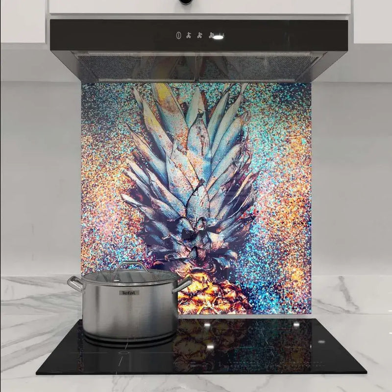 Vibrant pineapple art glass splashback in modern kitchen with induction hob