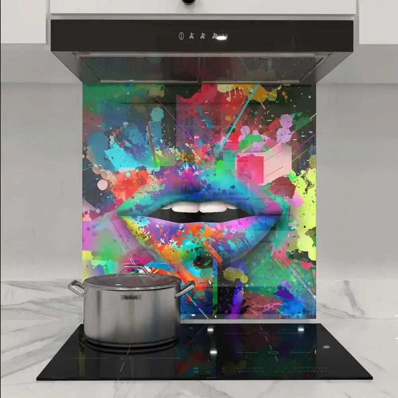 Vibrant abstract lips artwork on custom kitchen glass splashback with colorful paint splashes