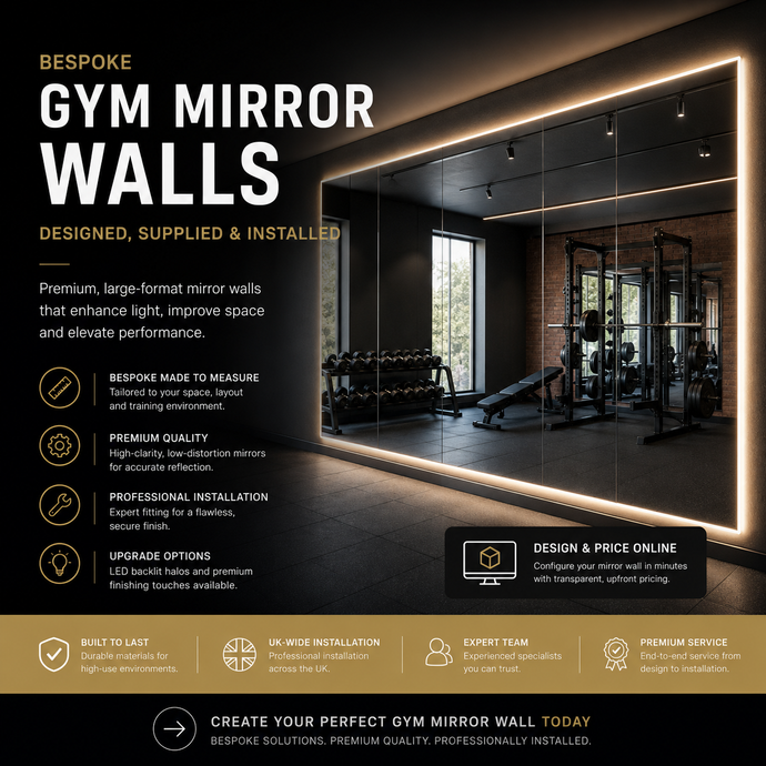 Advertisement for bespoke gym mirror walls with a gym interior in the background.