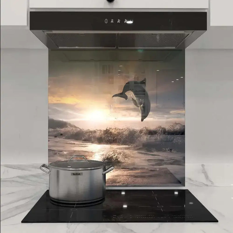 Dolphin leap sunset kitchen backsplash glass, decorative glass splashback with ocean scene