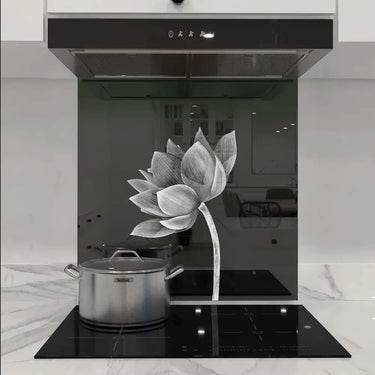 Lotus Black & White Printed Glass Splashback - DIY - CreoGlass®