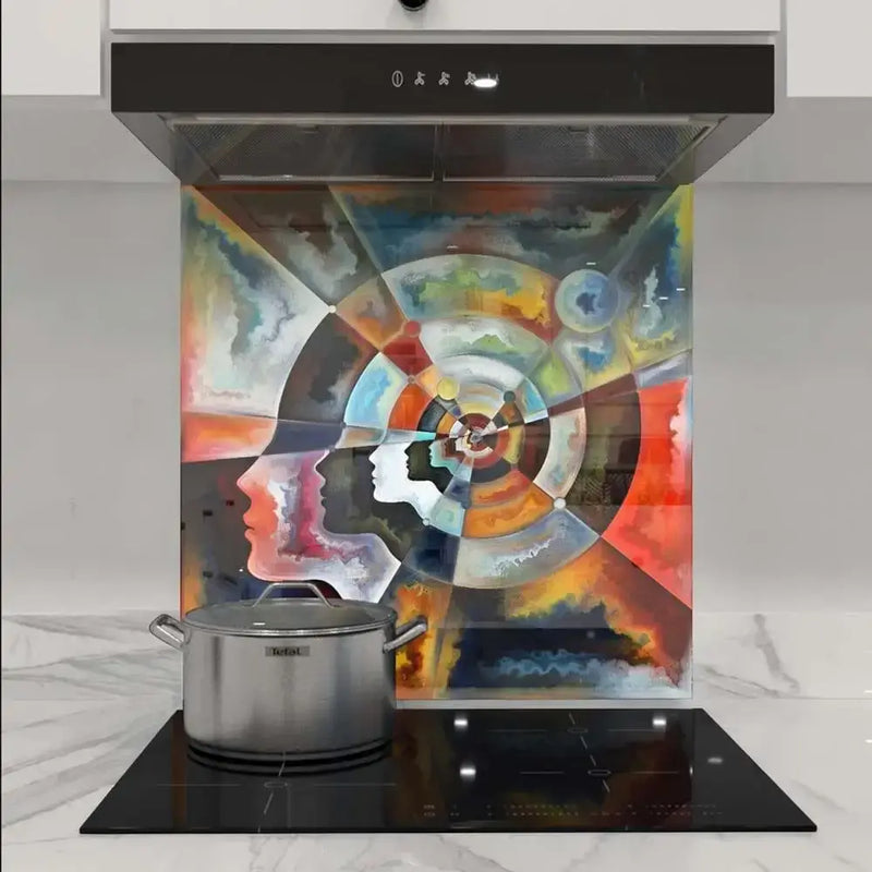 Bespoke decorative glass splashback with abstract art design in modern kitchen