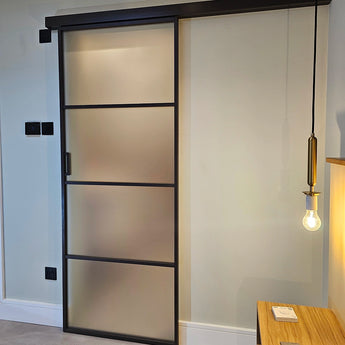 Modern interior design with a sliding glass door.