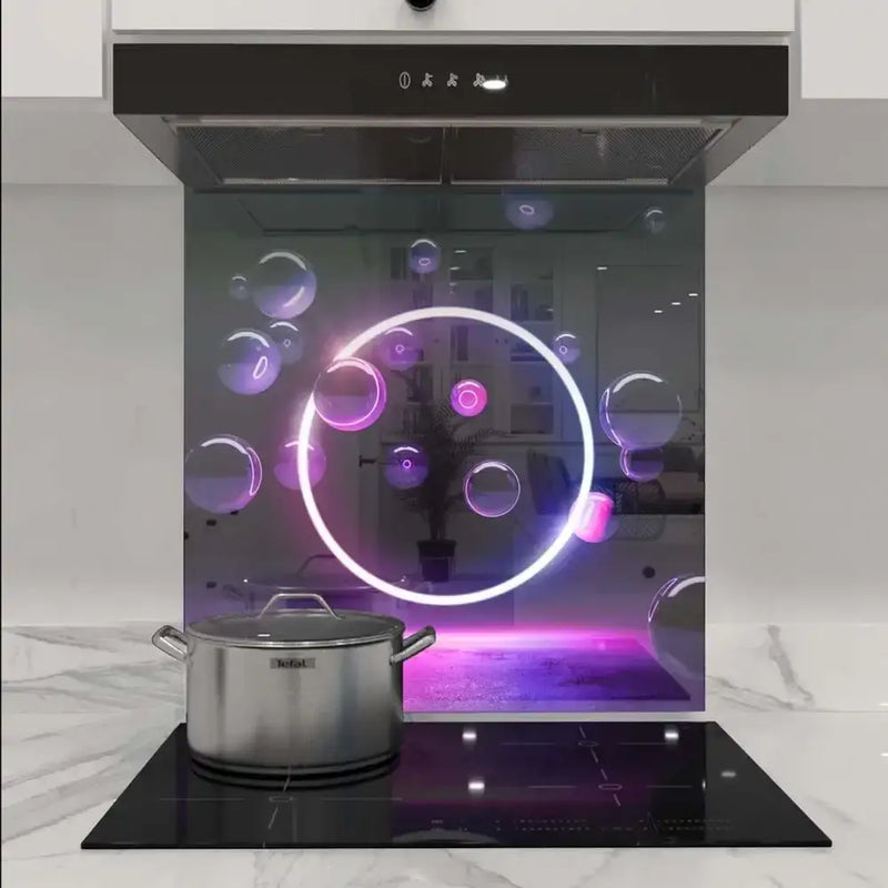 LED backlit glass kitchen splashback with glowing bubble design, modern luxury home decor