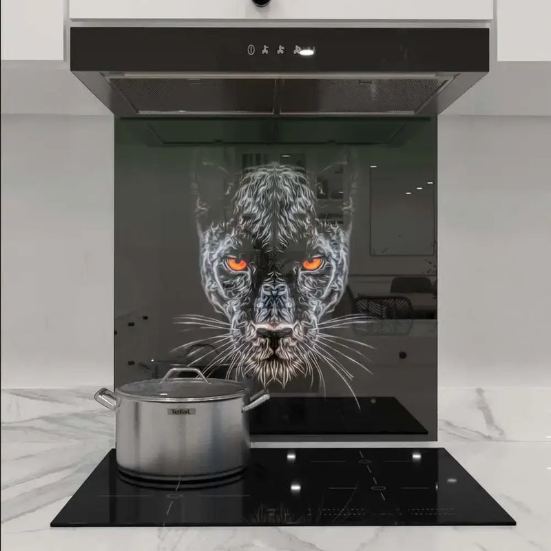 Custom glass kitchen splashback with glowing leopard design, modern luxury decor
