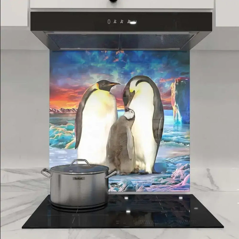 Bespoke kitchen glass splashback with penguin family art, modern luxury home decor