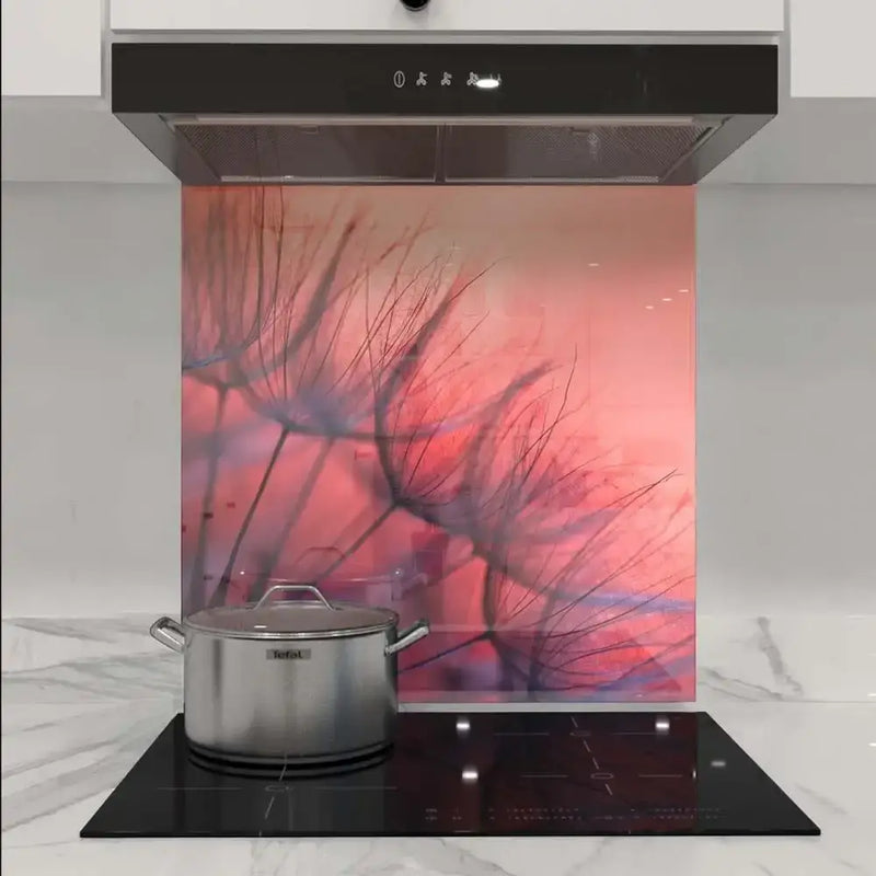 Bespoke decorative glass splashback with abstract floral design in pink and purple, installed in modern kitchen