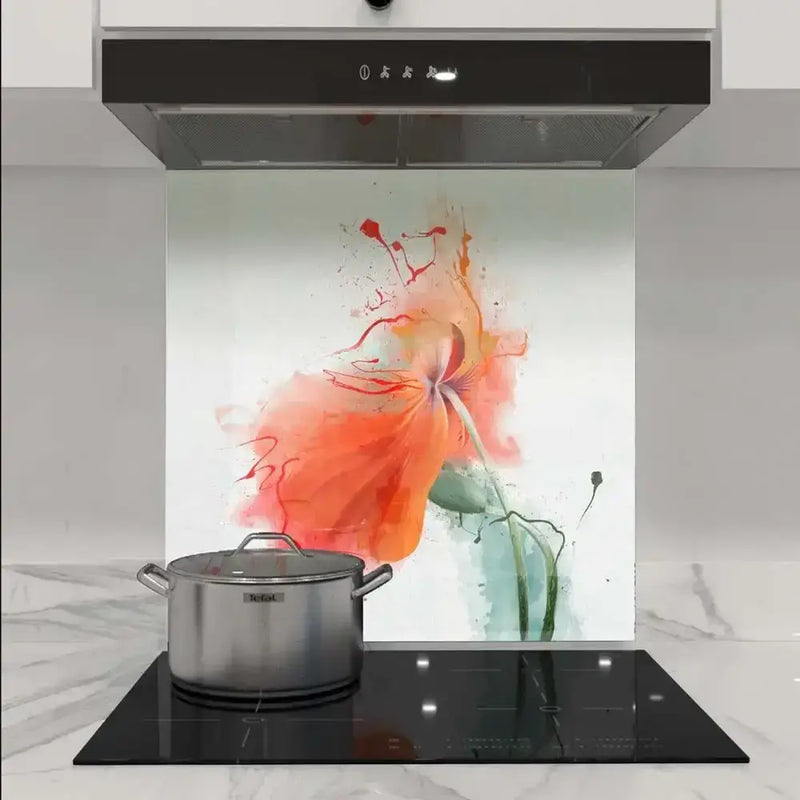 Bespoke decorative glass splashback with vibrant floral art in modern kitchen