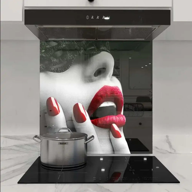 Bespoke decorative glass splashback with bold red lips and nails design in modern kitchen